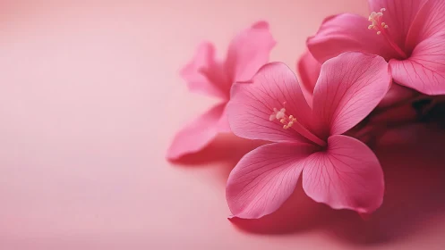 Pink Hibiscus Blossoms in Macro Detail Against Blurred Pink Background.