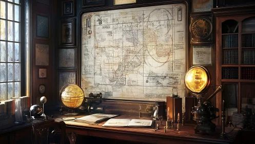 Antique explorer’s study glows with maps and instruments.