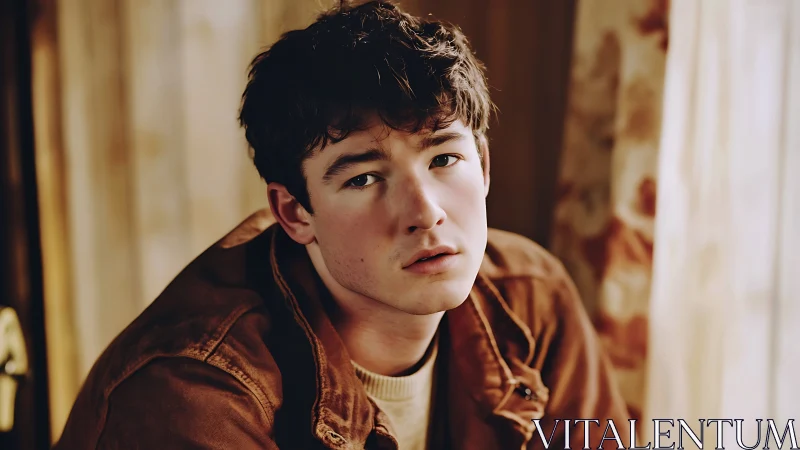 Young man sits indoors under warm side window light