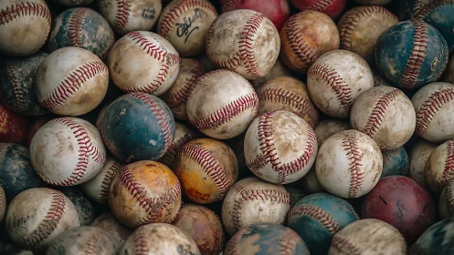 Pile of worn baseballs in mixed colors and heavy use.