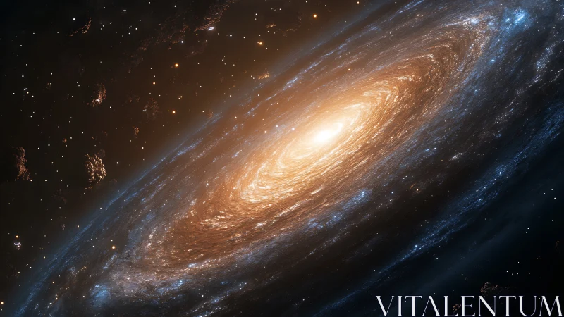 Spiral galaxy core glowing amid drifting cosmic debris.