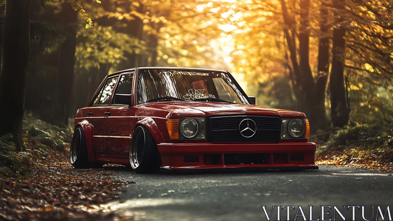 Lowered red classic Mercedes stands on forest road at dusk