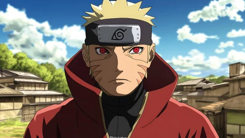 Blond ninja subject with red ocular focus in village setting.