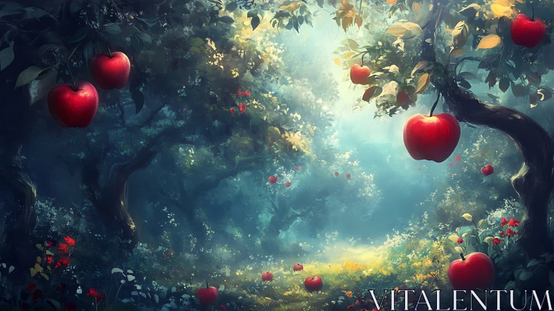 Spellbound orchard where glowing apples haunt the mist.