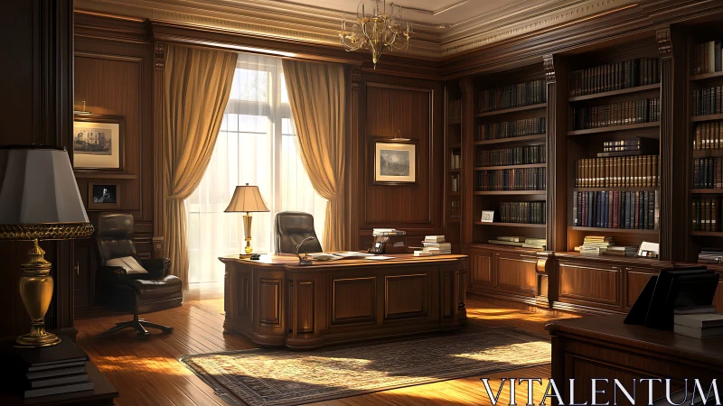 Sunlit mahogany law library office with classic paneling and desk