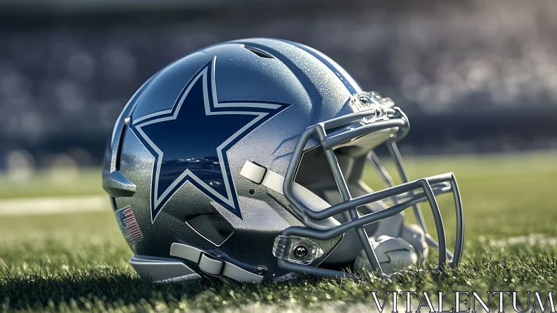 Silver football helmet with bold star logo rests on turf