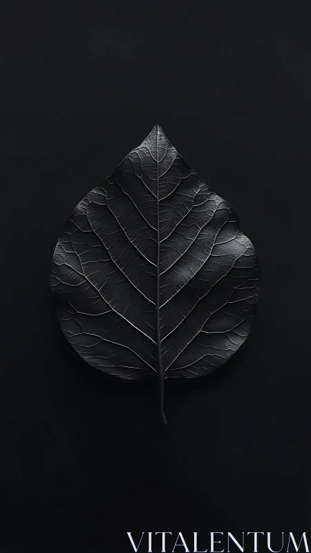 Single dark leaf is centered on a uniform black background