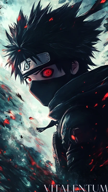 Masked anime warrior with glowing red eye in dynamic pose