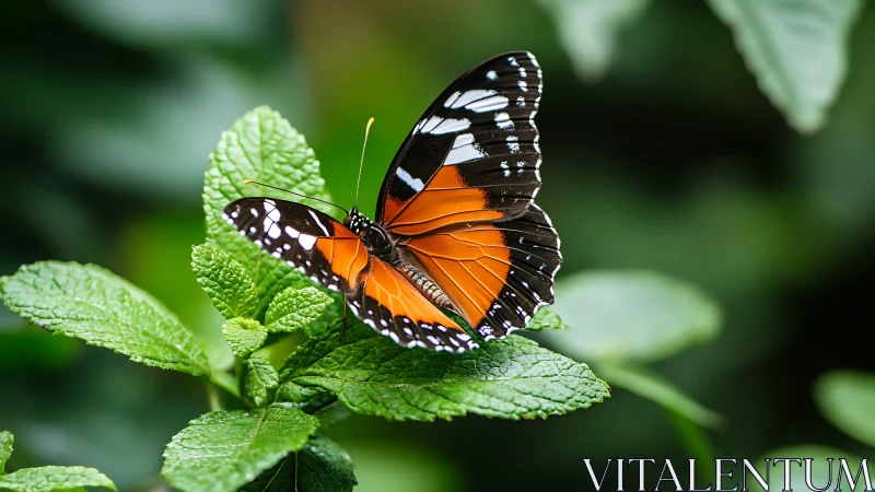 Orange black butterfly rests on fresh green garden leaves