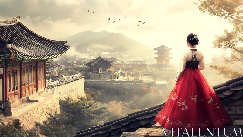 Korean woman in hanbok gazes over misty historic village.