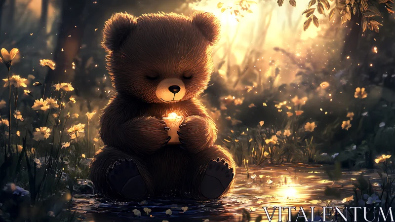 Gentle teddy bear cradling a glowing light in a forest.