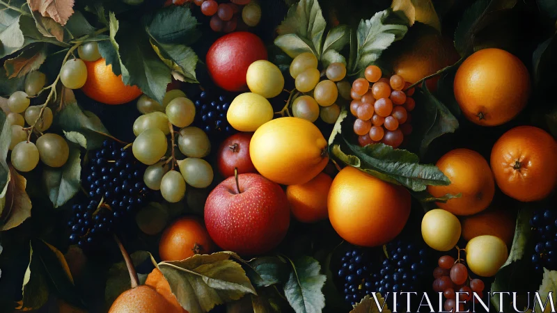 Mixed fruit still life shows apples, citrus, grapes and leaves
