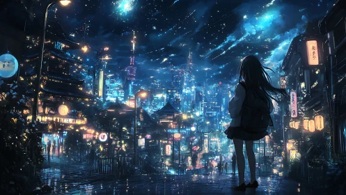 Neon city nightscape with lone schoolgirl silhouette.