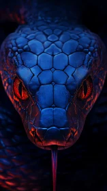 Electric blue serpent gazes forward with glowing red eyes