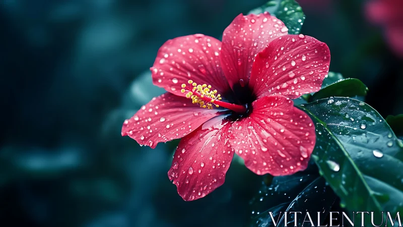 Rain-Soaked Hibiscus Petals Glisten Against Dark Green Foliage.