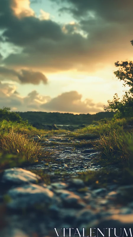 Rocky footpath with grass under evening sky at horizon line.