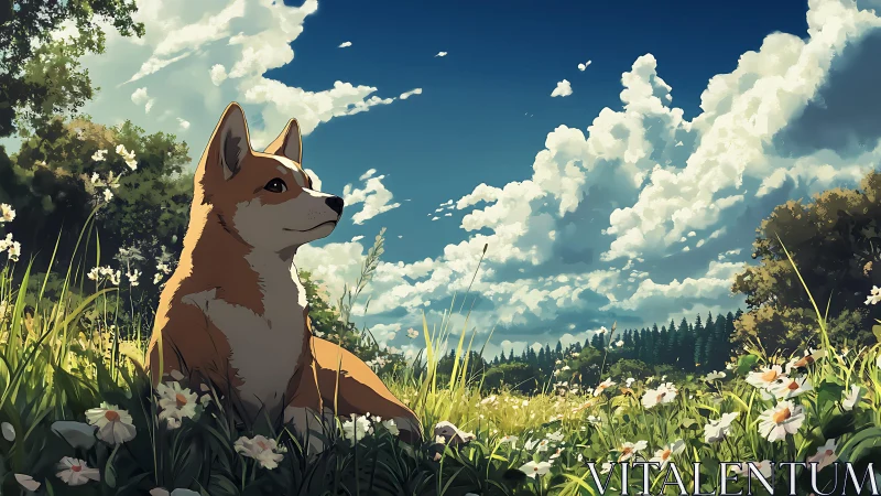 Canine resting in flowered meadow under cumulus clouds.