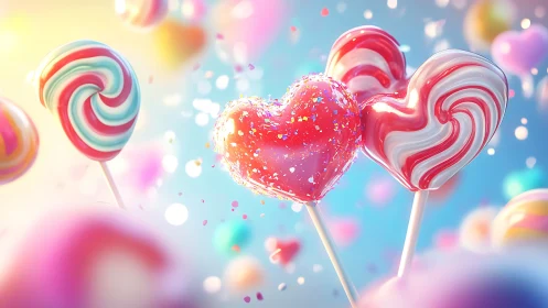 Confectionery lollipops with heart-shaped central element against gradient background