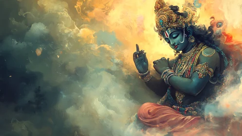 Divine blue figure in ornate attire amid swirling clouds.