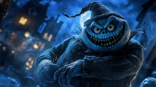 Sinister blue scarecrow grinning in a moonlit street.