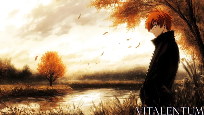 Autumn-lit riverbank with solitary anime figure under dynamic sky