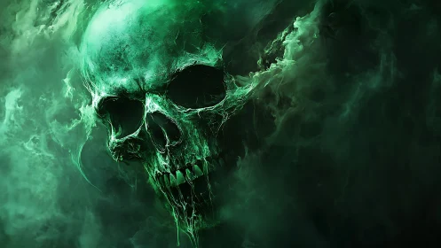 Green spectral skull emerging within dense swirling mist.