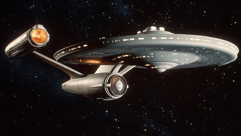 Starship with saucer hull and nacelles in deep space.