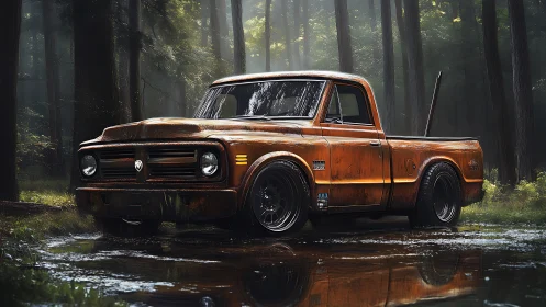Sunlit orange pickup truck rests quietly in a misty forest