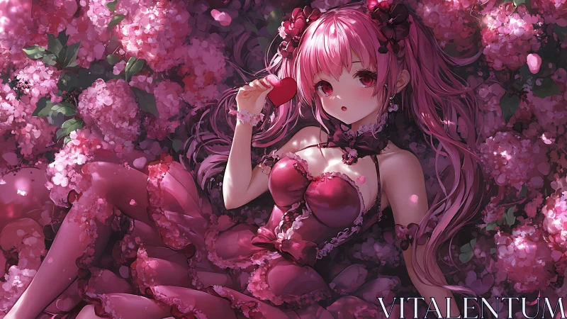 Pink haired girl lies in dense floral ground cover