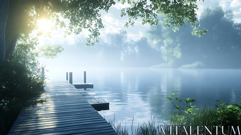 Wooden lakeside jetty extends into calm mist-covered water