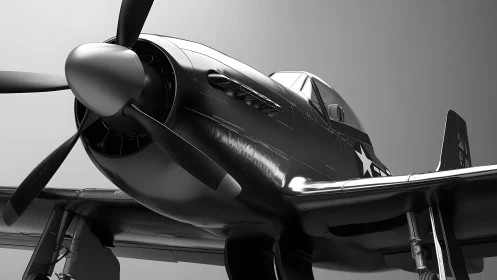 Close-up of Vintage WWII Fighter Plane in Dramatic Monochrome Style.
