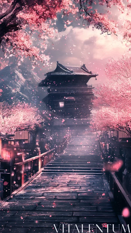 Wooden stairway leads to temple under dense cherry blossoms