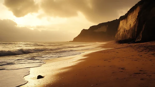 Golden hour coastal shoreline with illuminated sandstone cliffs