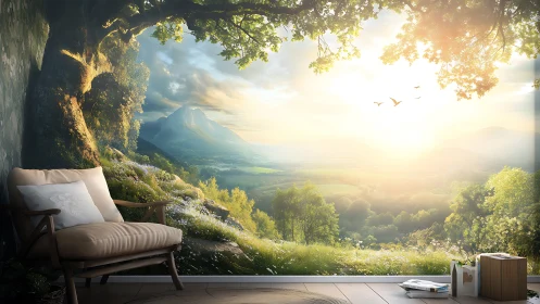 Mountain sunrise mural transforms serene reading corner interior.