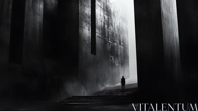 Solitary steps through towering monochrome mystery walls.