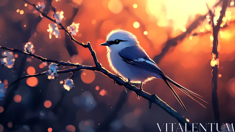 Fluffy white songbird on branch at sunset, digital art style.