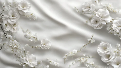 White Roses and Blooms on Elegant Silk Fabric
