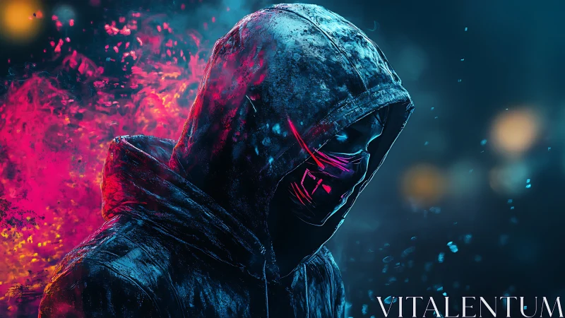 Neon-masked hooded figure in cyberpunk bokeh city haze