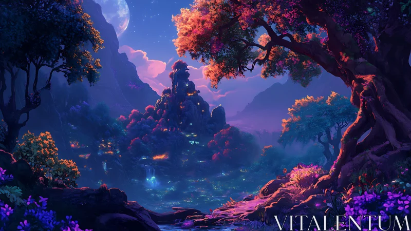 Moonlit valley hums softly beneath glowing enchanted trees