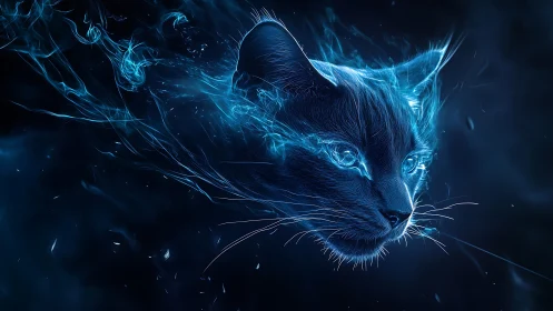 Ethereal Blue Cat in Electric Digital Fireflies