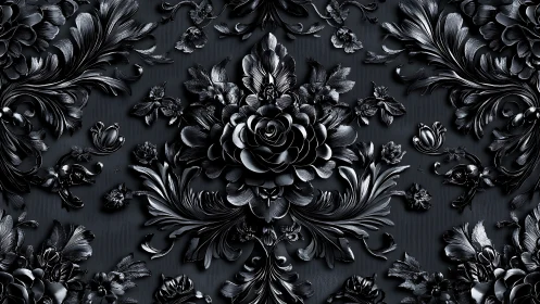 Ornate black floral relief in baroque metallic symmetry.