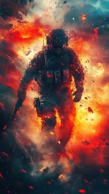 Armored soldier advancing through intense explosive firestorm.