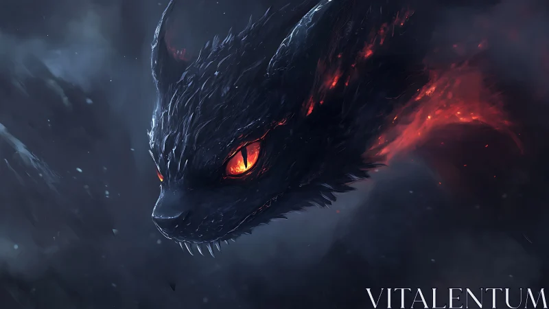 Ember-eyed shadow dragon cat gliding through stormy night.