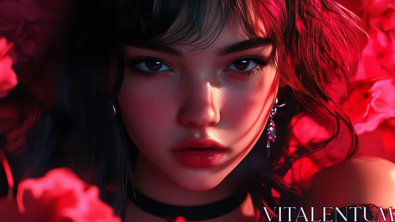 Close digital portrait shows face framed by red floral forms