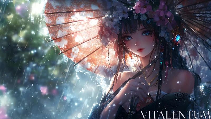 Rain-bright blossoms crown the silent watcher beneath light