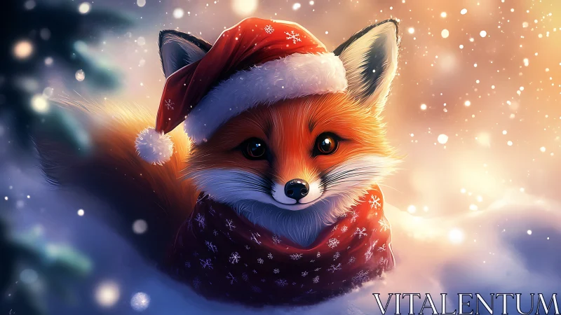 Red fox in winter snow wearing Santa hat and scarf.