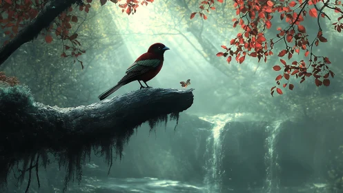 Red bird on mossy branch above misty waterfall, fantasy forest scene.