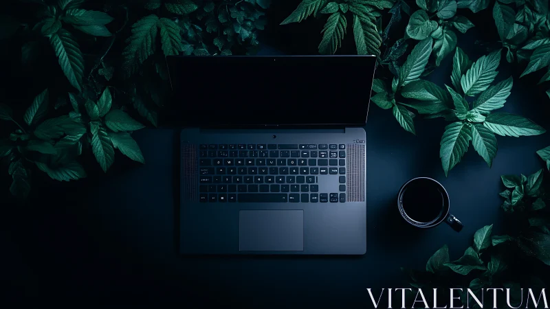 Laptop on dark desk surrounded by foliage and coffee cup.