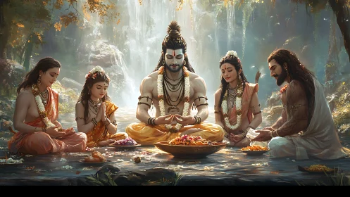 Mythic riverbank offering with divine figures in luminous repose.