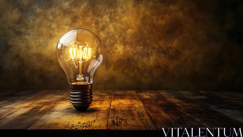 Incandescent filament bulb on rustic plank surface, illuminated.